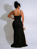 Yooulike Sequin Side Slit V-Neck Backless Gown Dress Sleeveless Elegant Evening Party Ceremony Long Ball Bodycon Dress