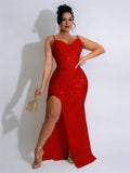 Yooulike Sequin Side Slit V-Neck Backless Gown Dress Sleeveless Elegant Evening Party Ceremony Long Ball Bodycon Dress