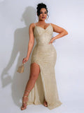 Yooulike Sequin Side Slit V-Neck Backless Gown Dress Sleeveless Elegant Evening Party Ceremony Long Ball Bodycon Dress