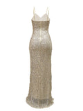 Yooulike Sequin Side Slit V-Neck Backless Gown Dress Sleeveless Elegant Evening Party Ceremony Long Ball Bodycon Dress