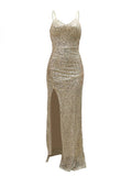 Yooulike Sequin Side Slit V-Neck Backless Gown Dress Sleeveless Elegant Evening Party Ceremony Long Ball Bodycon Dress