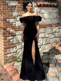 Yooulike Off Shoulder Ruffle Bodycon Side Slit Gown Dress Chic Elegant Evening Party Prom Ball Long Dress