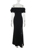 Yooulike Off Shoulder Ruffle Bodycon Side Slit Gown Dress Chic Elegant Evening Party Prom Ball Long Dress