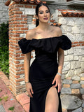 Yooulike Off Shoulder Ruffle Bodycon Side Slit Gown Dress Chic Elegant Evening Party Prom Ball Long Dress