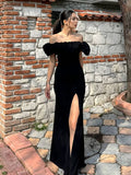 Yooulike Off Shoulder Ruffle Bodycon Side Slit Gown Dress Chic Elegant Evening Party Prom Ball Long Dress