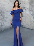 Yooulike Off Shoulder Ruffle Bodycon Side Slit Gown Dress Chic Elegant Evening Party Prom Ball Long Dress