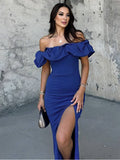 Yooulike Off Shoulder Ruffle Bodycon Side Slit Gown Dress Chic Elegant Evening Party Prom Ball Long Dress