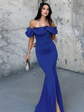 Yooulike Off Shoulder Ruffle Bodycon Side Slit Gown Dress Chic Elegant Evening Party Prom Ball Long Dress