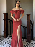 Yooulike Off Shoulder Ruffle Bodycon Side Slit Gown Dress Chic Elegant Evening Party Prom Ball Long Dress