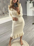 Yooulike Bodycon Knitwear Dress Single Breasted Pearl Flouncy Mermaid Dress Sweet Chic Vintage Prom Long Dress