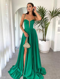 Yooulike Spaghetti Straps Side Slit Wedding Long Dress Bandeau Backless Sleeveless Elegant Evening Party Prom Ball Gown Dress