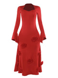 Yooulike Stereo Flower Prom Dress Sweetheart Neckline Bell Sleeve Slit Sleeve Long Sleeve Chic Evening Party Long Dress