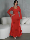 Yooulike Stereo Flower Prom Dress Sweetheart Neckline Bell Sleeve Slit Sleeve Long Sleeve Chic Evening Party Long Dress