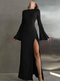 Yooulike Women Bodycon Side Slit Prom Dress Round Neck Flare Sleeve Long Sleeve Chic Elegant Evening Party Long Dress