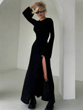 Yooulike Women Bodycon Side Slit Prom Dress Round Neck Flare Sleeve Long Sleeve Chic Elegant Evening Party Long Dress