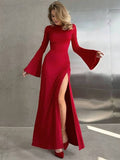 Yooulike Women Bodycon Side Slit Prom Dress Round Neck Flare Sleeve Long Sleeve Chic Elegant Evening Party Long Dress