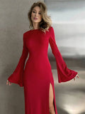 Yooulike Women Bodycon Side Slit Prom Dress Round Neck Flare Sleeve Long Sleeve Chic Elegant Evening Party Long Dress