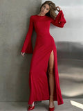 Yooulike Women Bodycon Side Slit Prom Dress Round Neck Flare Sleeve Long Sleeve Chic Elegant Evening Party Long Dress