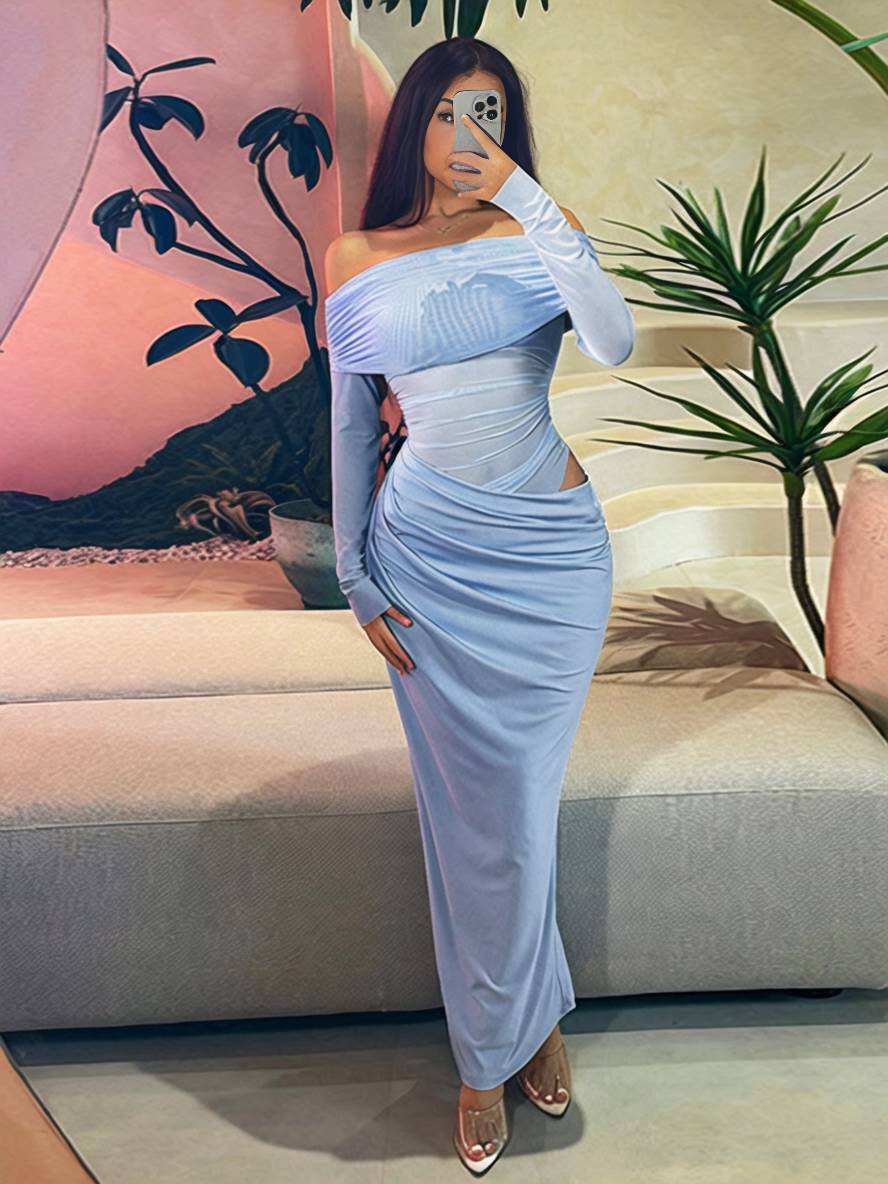 overfold off shoulder mesh long sleeve long dress Overfold Off-Shoulder Mesh Long Sleeve Long Dress J.ING