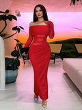 Yooulike Women Solid Color Off Shoulder Mesh Hollow Out Long Sleeve Bodycon Chic Dress Beach Maxi Dress