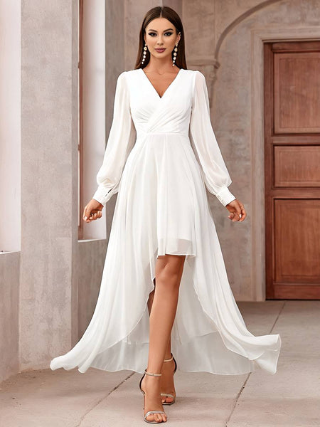 Yooulike Women Wedding Guest Dress V-Neck Long Sleeve Irregular A-Line  Elegant Prom Long Dress