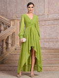 Yooulike Women Wedding Guest Dress V-Neck Long Sleeve Irregular A-Line Elegant Prom Long Dress