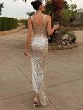 Yooulike Round Neck Sequin Side Slit Gown Dress Sleeveless Clubwear Chic Evening Party Prom Ball Long Dress