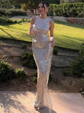 Yooulike Round Neck Sequin Side Slit Gown Dress Sleeveless Clubwear Chic Evening Party Prom Ball Long Dress