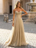Yooulike Women's Glitter Gold Prom Dress Spaghetti Strap Evening Gown A-Line Floor Length Formal Gown
