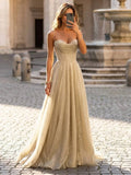 Yooulike Women's Glitter Gold Prom Dress Spaghetti Strap Evening Gown A-Line Floor Length Formal Gown
