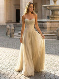 Yooulike Women's Glitter Gold Prom Dress Spaghetti Strap Evening Gown A-Line Floor Length Formal Gown