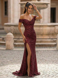 Yooulike Women's Sequin Off The Shoulder Prom Dress High Slit Mermaid Evening Gown Formal Floor Length Party Maxi Dress