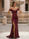 Yooulike Women's Sequin Off The Shoulder Prom Dress High Slit Mermaid Evening Gown Formal Floor Length Party Maxi Dress