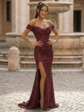 Yooulike Women's Sequin Off The Shoulder Prom Dress High Slit Mermaid Evening Gown Formal Floor Length Party Maxi Dress