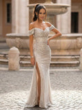 Yooulike Women's Sequin Off The Shoulder Prom Dress High Slit Mermaid Evening Gown Formal Floor Length Party Maxi Dress