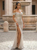 Yooulike Women's Sequin Off The Shoulder Prom Dress High Slit Mermaid Evening Gown Formal Floor Length Party Maxi Dress