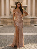 Yooulike Women's Sequin Off The Shoulder Prom Dress High Slit Mermaid Evening Gown Formal Floor Length Party Maxi Dress