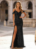 Yooulike Women Sequin Prom Dresses Cold Shoulder V-Neck High Slit Formal Evening Gown Party Mermaid Maxi Dress