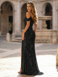 Yooulike Women Sequin Prom Dresses Cold Shoulder V-Neck High Slit Formal Evening Gown Party Mermaid Maxi Dress
