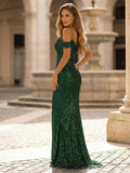 Yooulike Women Sequin Prom Dresses Cold Shoulder V-Neck High Slit Formal Evening Gown Party Mermaid Maxi Dress
