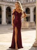 Yooulike Women Sequin Prom Dresses Cold Shoulder V-Neck High Slit Formal Evening Gown Party Mermaid Maxi Dress