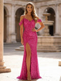 Yooulike Women Sequin Prom Dresses Cold Shoulder V-Neck High Slit Formal Evening Gown Party Mermaid Maxi Dress