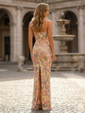Yooulike 3D Floral Applique Prom Dress Sequin Spaghetti Strap Square Neck Evening Gown Formal Party Maxi Dress