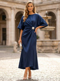Yooulike Women's Satin Midi Dress Half Sleeve Ruched Waist Evening Gown Wedding Guest Mother of the Bride Formal Gown