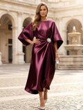 Yooulike Women's Satin Midi Dress Half Sleeve Ruched Waist Evening Gown Wedding Guest Mother of the Bride Formal Gown