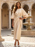 Yooulike Women's Satin Midi Dress Half Sleeve Ruched Waist Evening Gown Wedding Guest Mother of the Bride Formal Gown