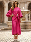 Yooulike Women's Satin Midi Dress Half Sleeve Ruched Waist Evening Gown Wedding Guest Mother of the Bride Formal Gown