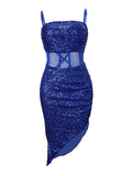 Yooulike Blue Bodycon Sequin Sparkly Shimmer Patchwork Mesh Side Slit Bandeau Clubwear Chic Evening Party Cocktail Midi Dress