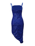 Yooulike Blue Bodycon Sequin Sparkly Shimmer Patchwork Mesh Side Slit Bandeau Clubwear Chic Evening Party Cocktail Midi Dress