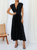 Yooulike Pleated A-Line Belt V-Neck Backless Tie Back Sleeveless Elegant Prom Party Midi Dress